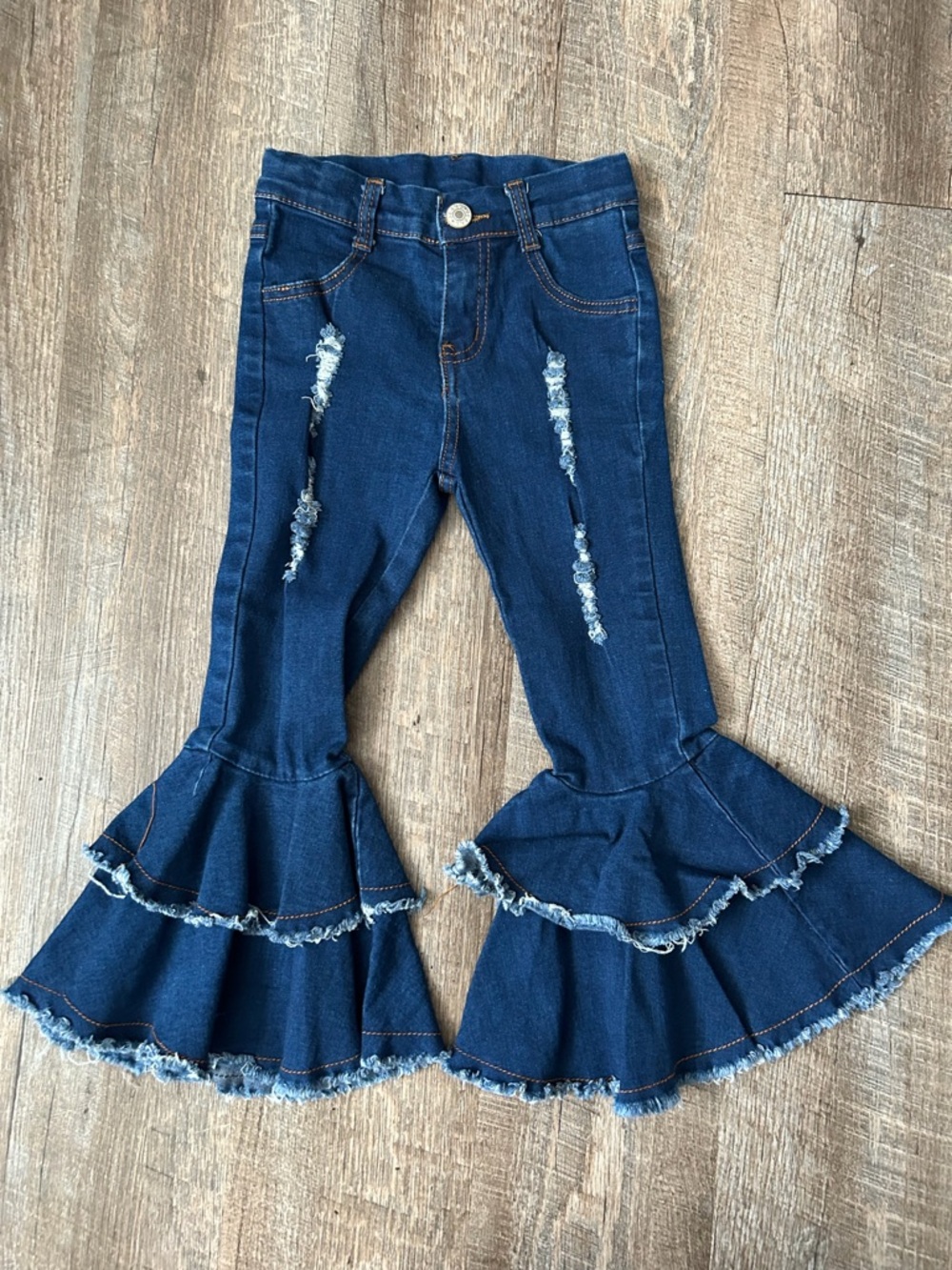🌸 $10 SALE 🌸 Girls Bell Denim Jeans Double Ruffle Flare Pants Blue